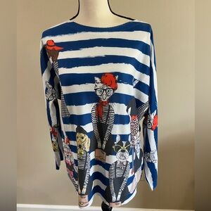 Whimsical Blue & White Striped Lightweight Knit Sweater w Adorable Cat & Dogs Lg